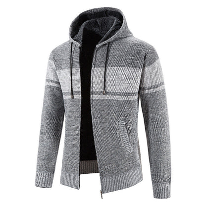Herren Strickjacke Warm Fleece Kapuze Grau