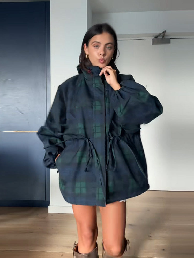 Damen Oversized Jacke Karo Lässig Mit Taschen