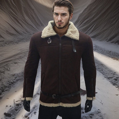 Herren Lammfelljacke Modern Abnehmbare Kapuze Schwarz