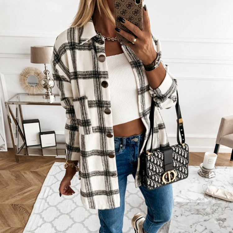 Damen Bluse Jacke Kariert mit Knöpfen Modern