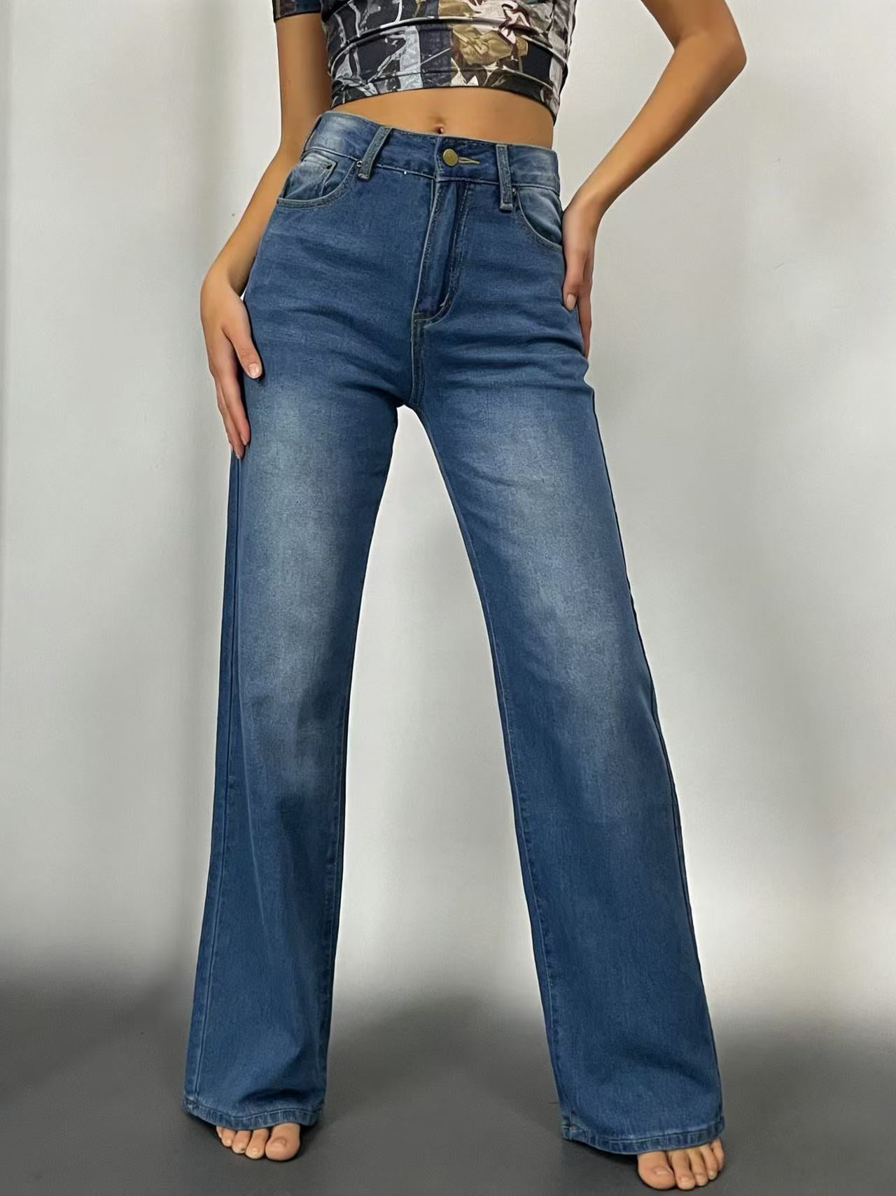 Damen High-Waist Jeans Weite Bein Slim Fit