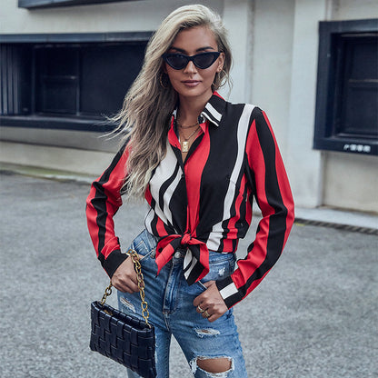 Damen Bluse Wellenmuster Modern Knöpfe Langärmlig