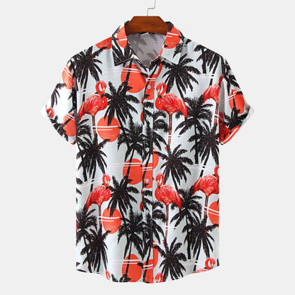 Herren Kurzarmhemd Flamingo Print Leicht Sommer