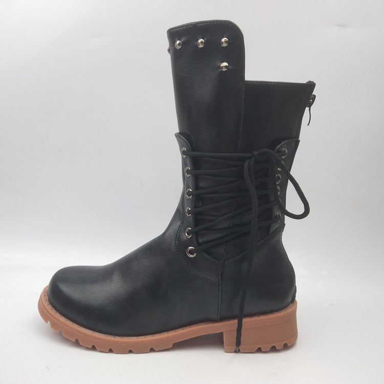 Damen Schnürstiefel Robust Nieten Stiefel Schwarz