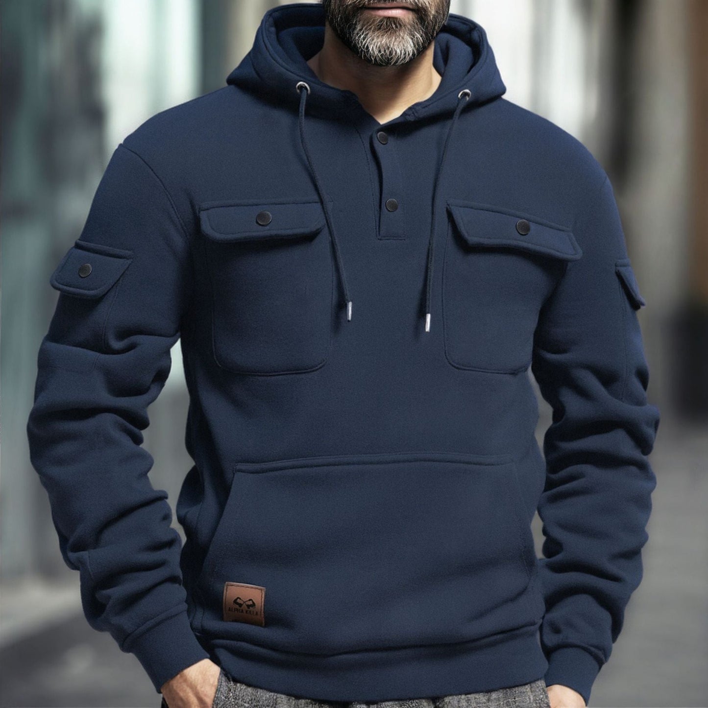Herren Fleece Hoodie Warm mit Brusttasche Modern