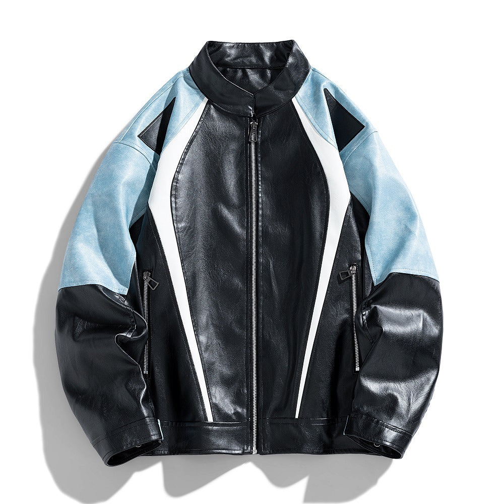 Herren Lederjacke Urban Style Schwarz Mit Farbblock