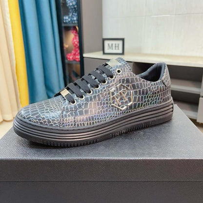 Damen Sneaker Trend Leder Krokodilmuster Schwarz