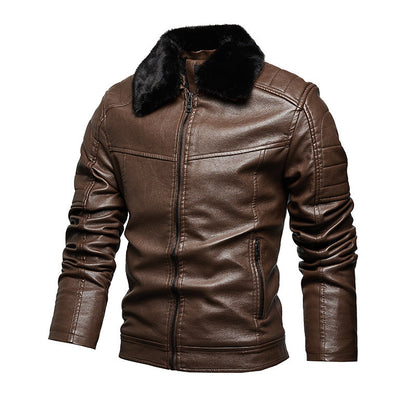 Herren Lederjacke Teddykragen Weich Schwarz Stilvoll