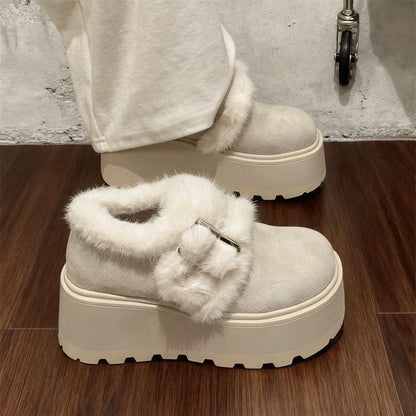 Damen Clogs Plateau Flauschig Weich mit Schnalle