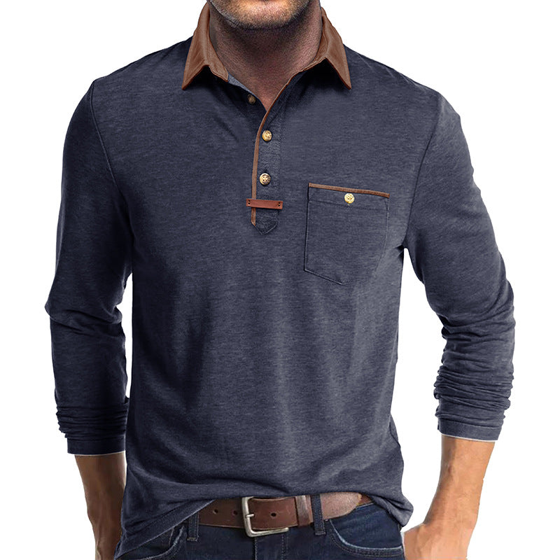 Herren Langarmshirt Mit Brusttasche Kontrastkragen Modern