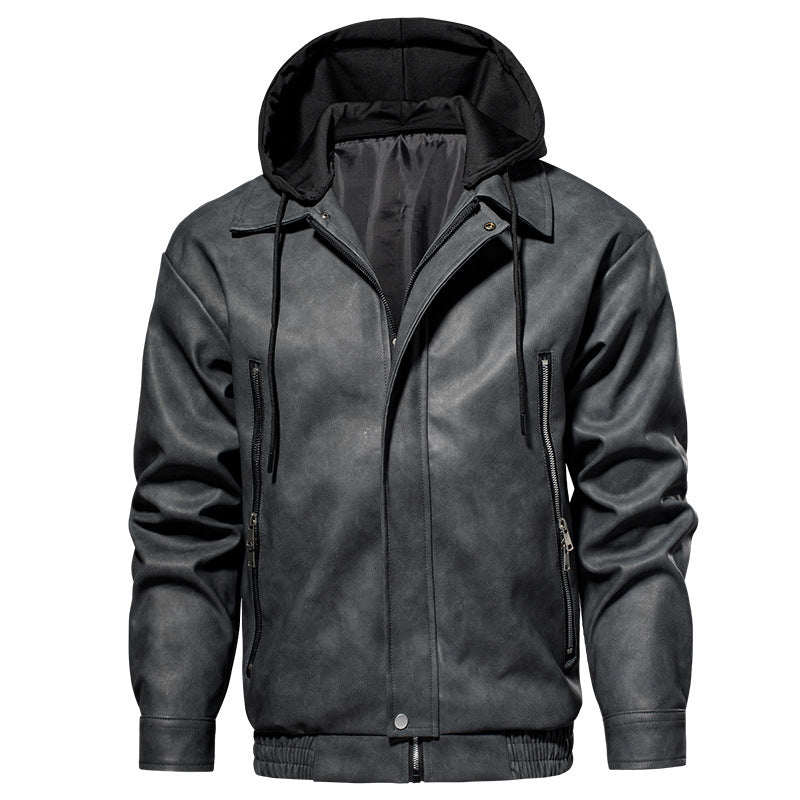 Herren Lederjacke Kurz Modern mit Kapuze elastisch