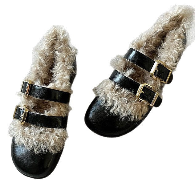 Damen Clogs Kuschelig Kunstfell Schnallen Modisch