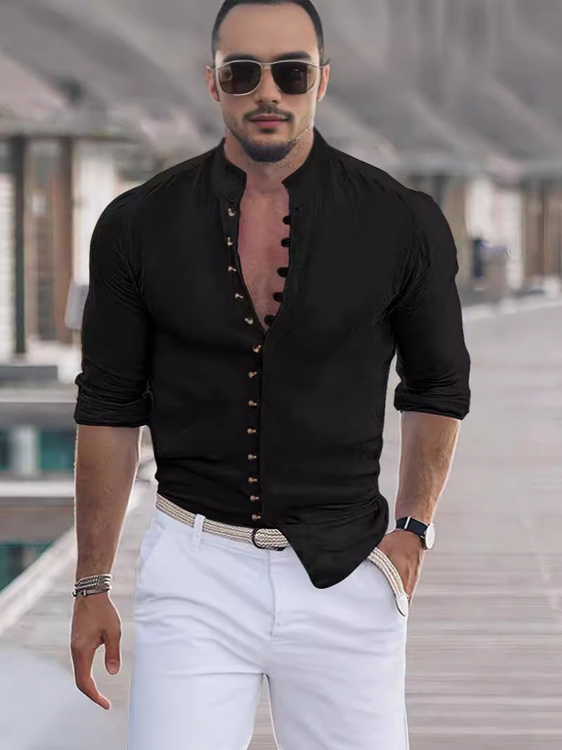 Herren Langarmhemd Modern mit Knopfleiste Stehkragen