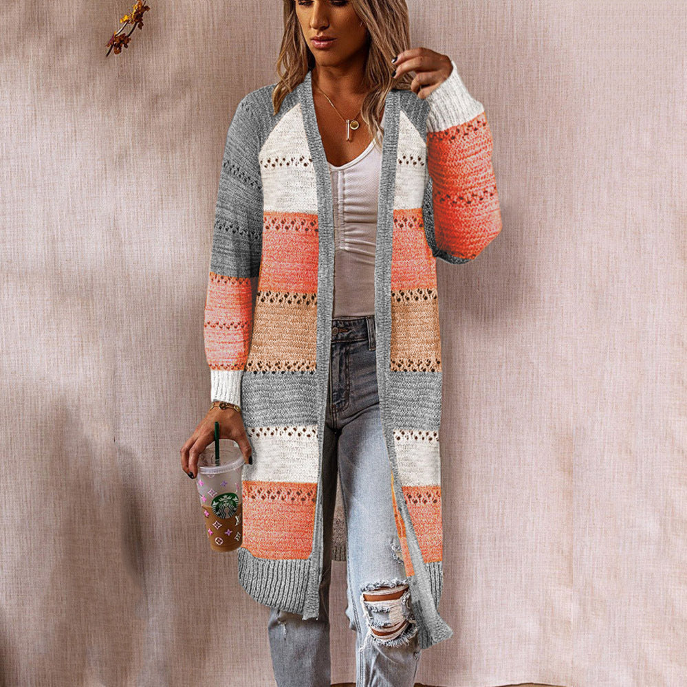 Damen Strickjacke Lang Modisch Streifenmuster Offen