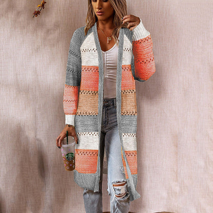 Damen Strickjacke Lang Modisch Streifenmuster Offen