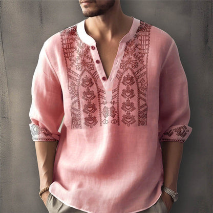 Herren Leinenhemd Traditionelles Handstickdesign Elegent