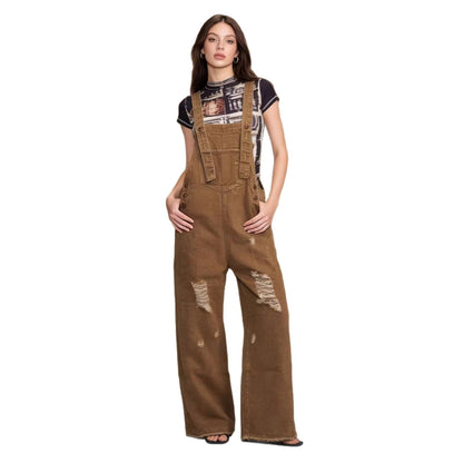 Damen Latzhose Jeans Weitbein Riss Effekt
