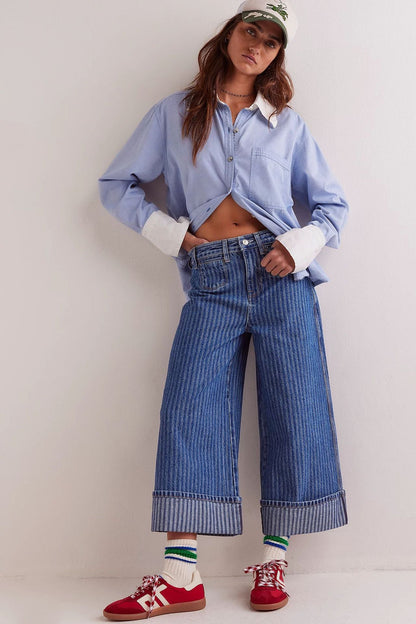 Damen Jeans Weite Bein mit Streifen Nähte