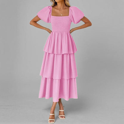Damen Maxikleid Lang Ärmelig mit Stufenschnitt und Puffärmeln