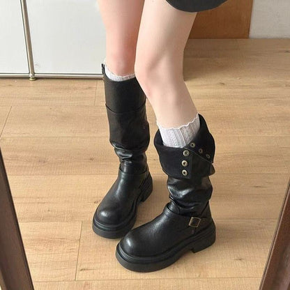 Damen Stiefel Leder Elegant Riemen Schwarz - BerlinGlamour