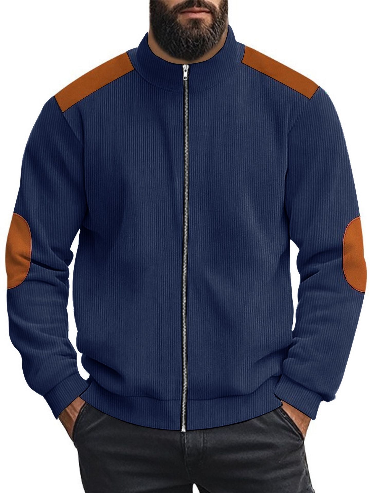 Herren Strickjacke Lederakzente Modern Kragen Hoch