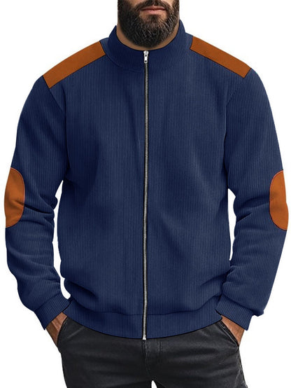 Herren Strickjacke Lederakzente Modern Kragen Hoch