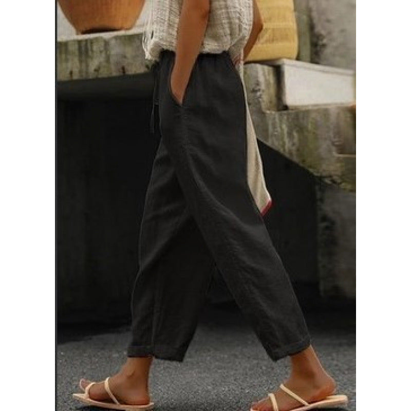 Damen Leinenhose Bequem Elastisch Mit Taschen