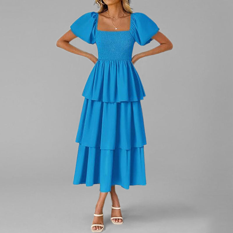 Damen Maxikleid Lang Ärmelig mit Stufenschnitt und Puffärmeln