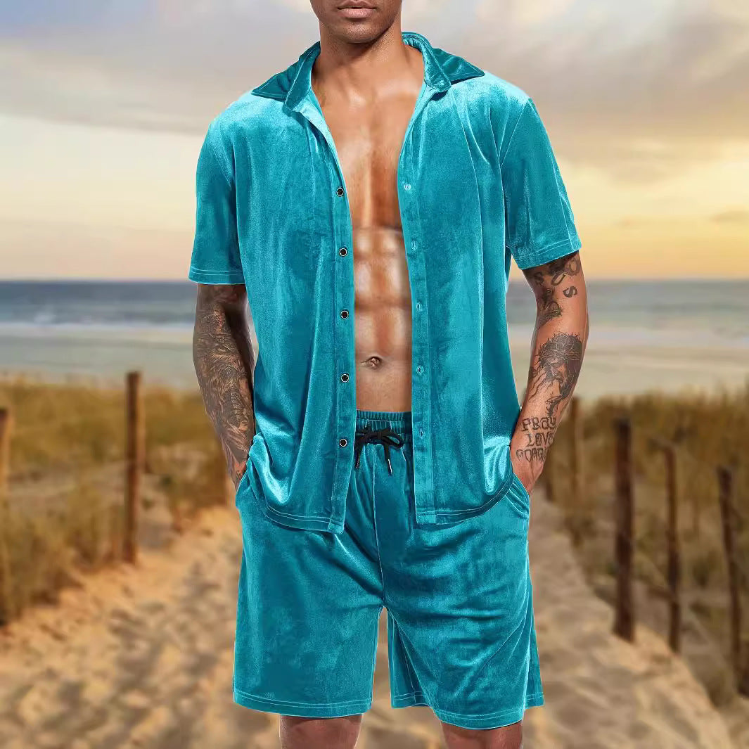 Herren Samt Hemd Shorts Set Luxus Sommer - BerlinGlamour