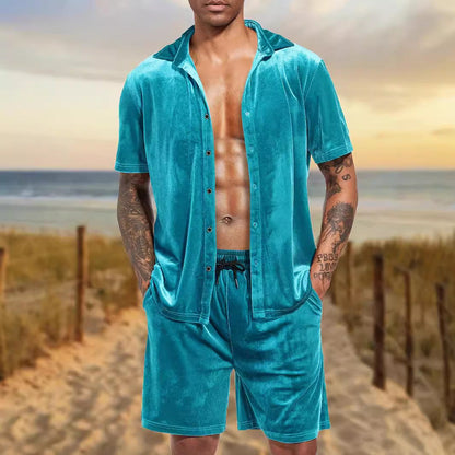 Herren Samt Hemd Shorts Set Luxus Sommer - BerlinGlamour
