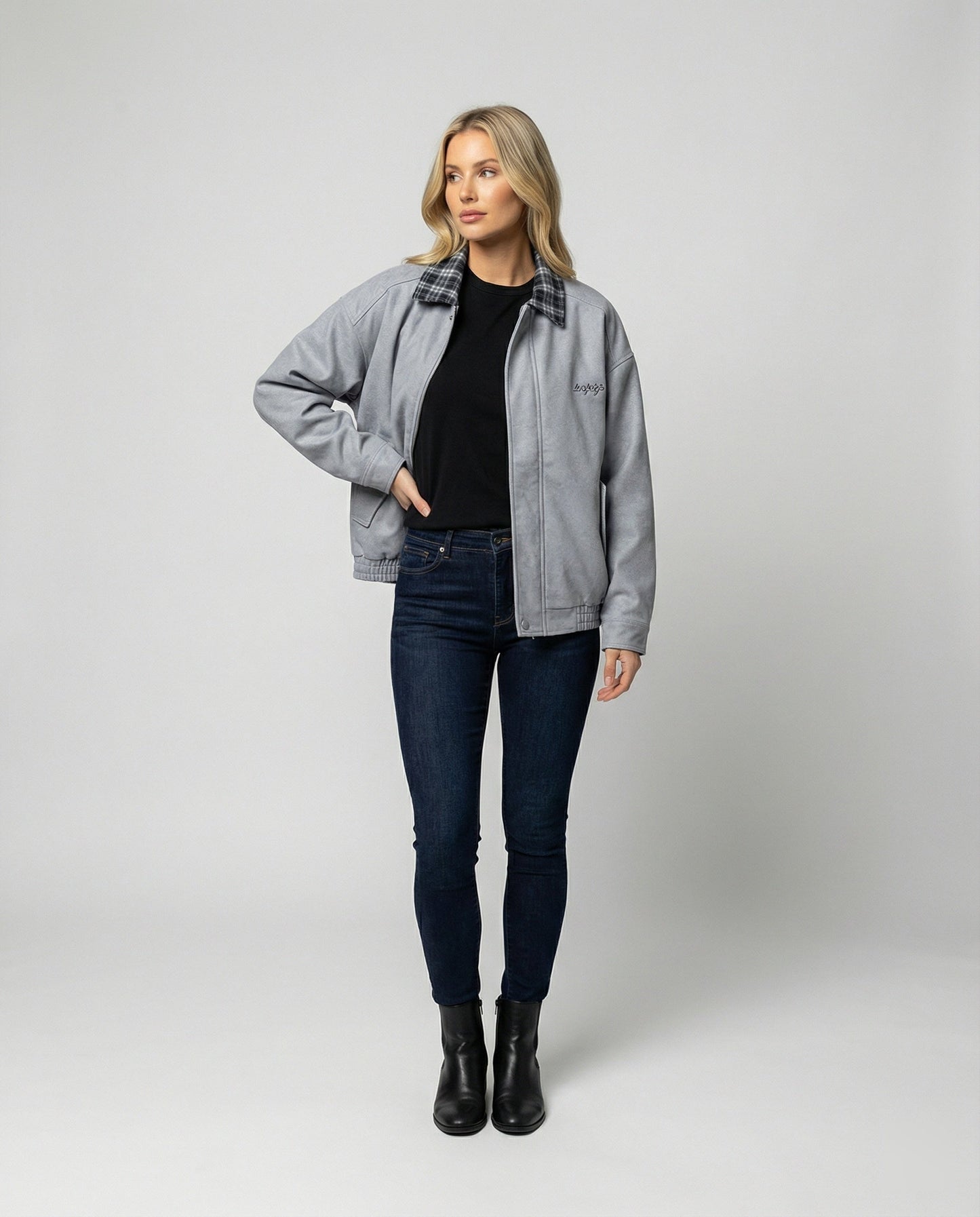Damen Lederjacke Retro Wildleder Karo Optik