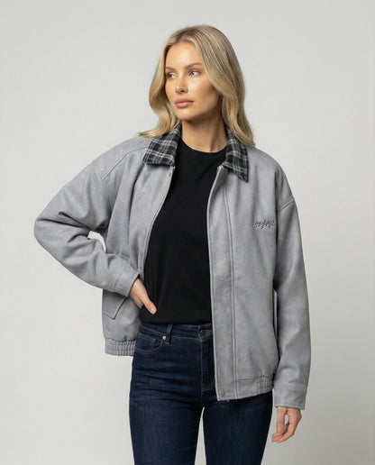Damen Lederjacke Retro Wildleder Karo Optik - BerlinGlamour
