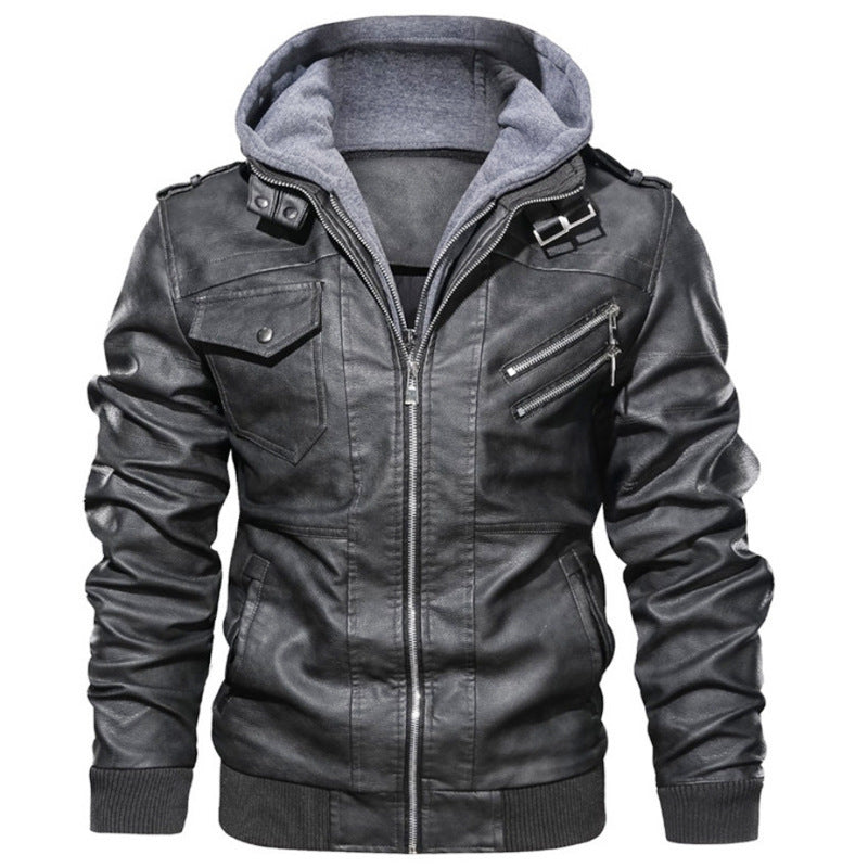 Herren Lederjacke Lässig Mit Kapuze Viel Taschen