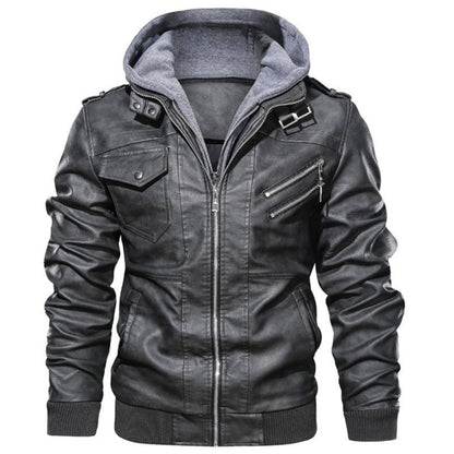 Herren Lederjacke Lässig Mit Kapuze Viel Taschen