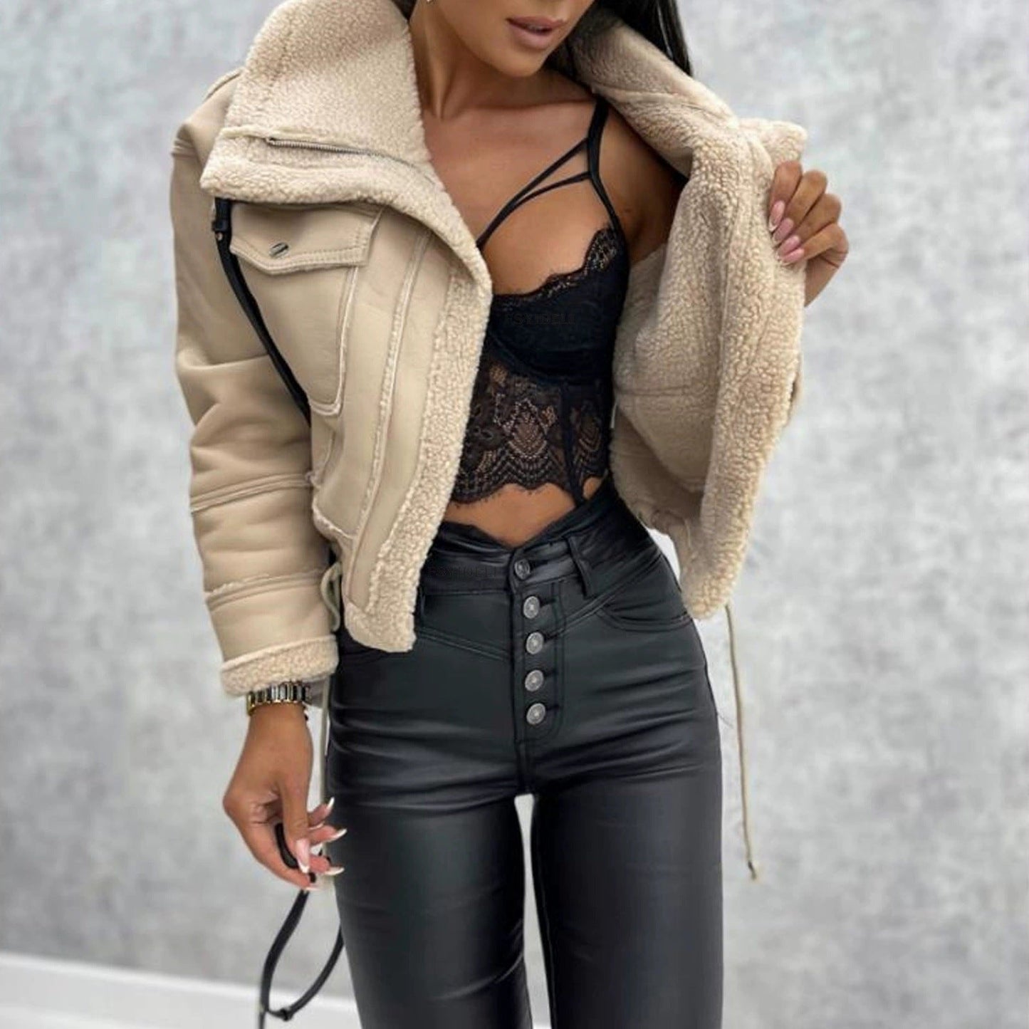 Leder Bikerjacke Damen Sherpa Futter Warm