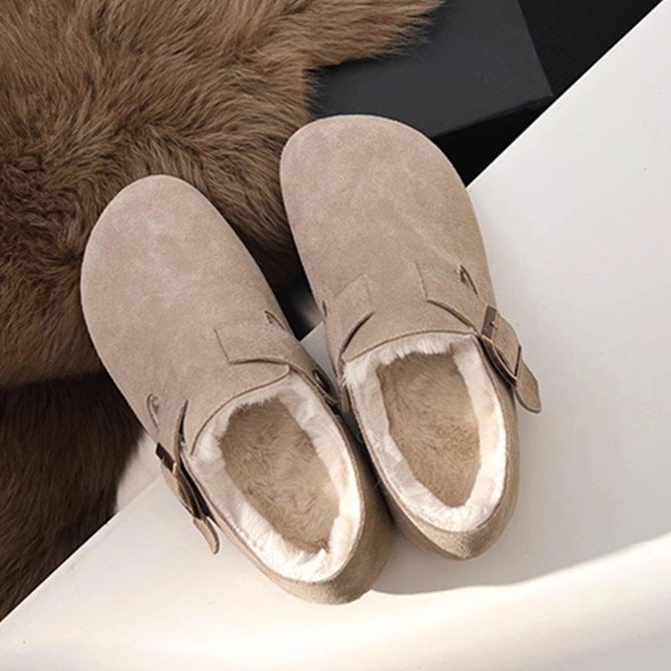 Damen Filz-Clogs Bequem Weich Kunstfell Futter Schnallenverschluss