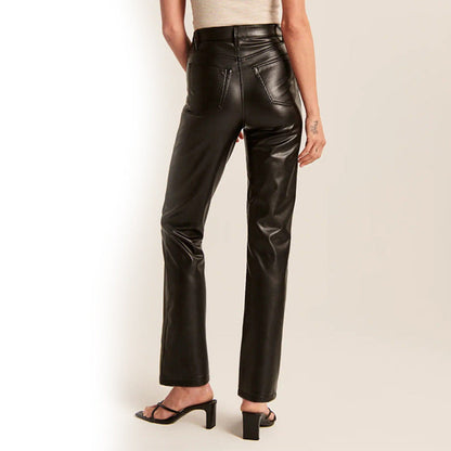 Damen Hose Kunstleder Geradbein Schwarze Stretchhose