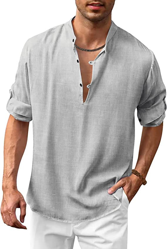Herren Hemd Modern Stehkragen Knopfleiste Slim Fit