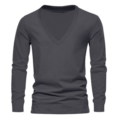 Herren T-Shirt Langarm V-Ausschnitt Bequem Baumwolle
