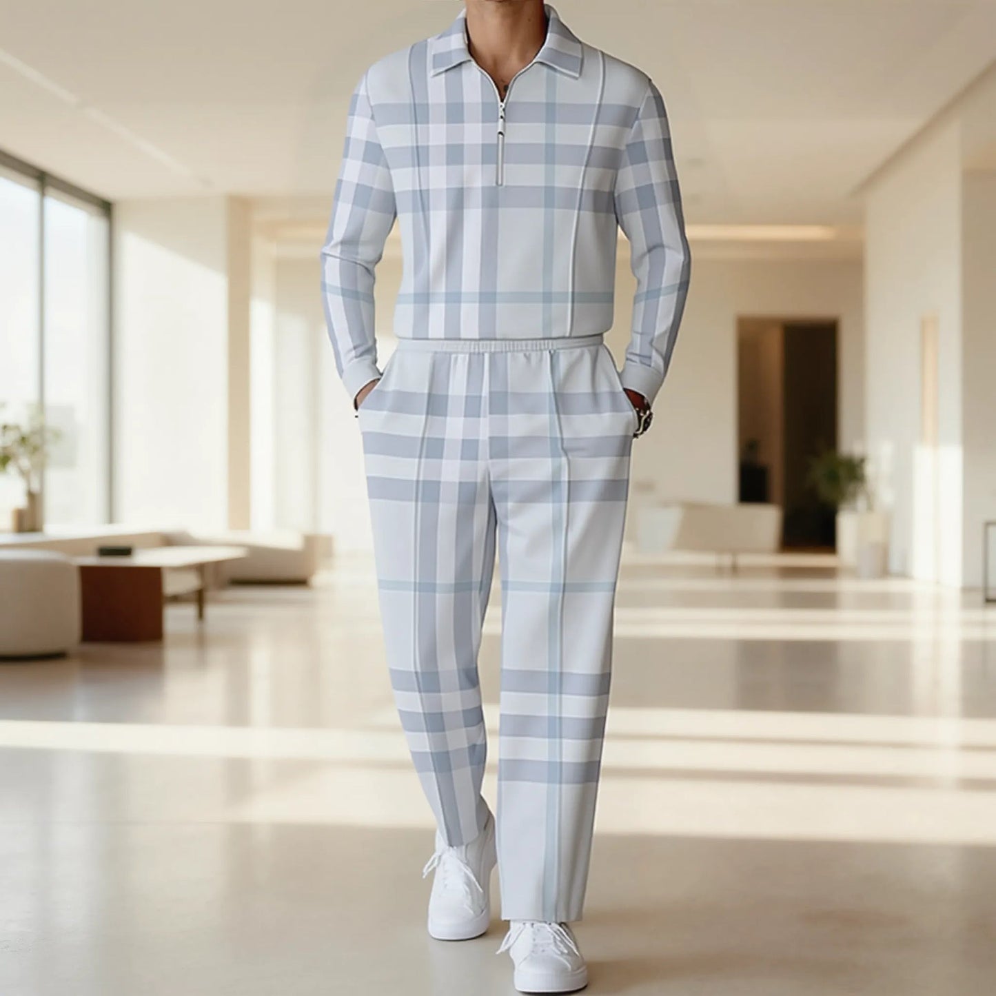Herren Langarmshirt Modern mit Reißverschluss Blockdesign
