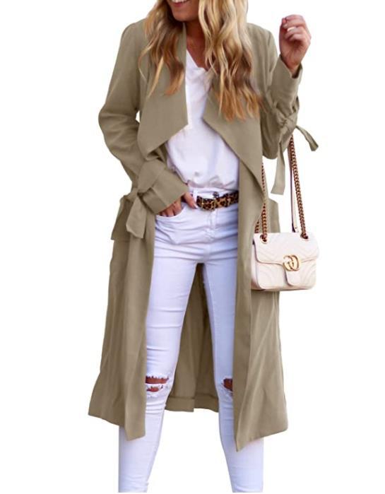 Damen Trenchcoat Lang Fließend mit Gürtel und Revers