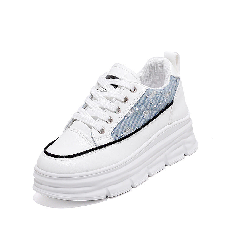 Damen Sneaker Plattform Schuhe Hoch mit Denim Akzent