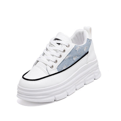 Damen Sneaker Plattform Schuhe Hoch mit Denim Akzent