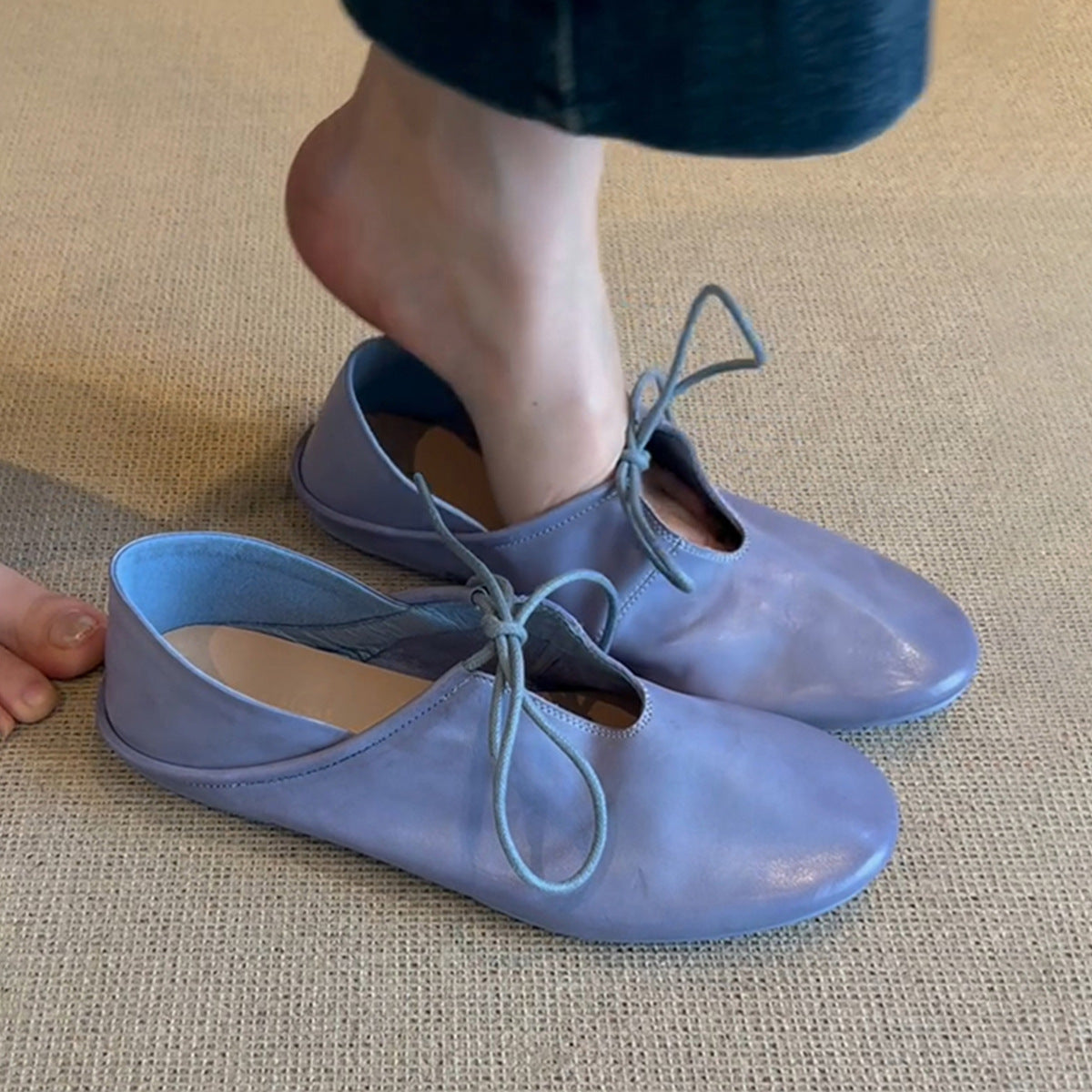 Damen Ballerinas Leder Bequem Schnüren