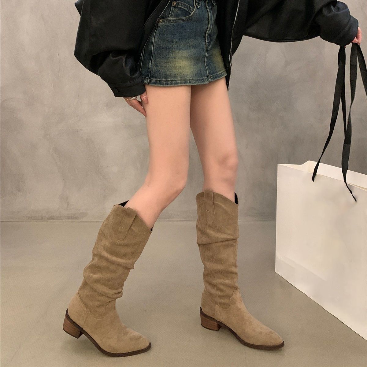 Damen Stiefel Wildleder Hoch Elegant Schwarz