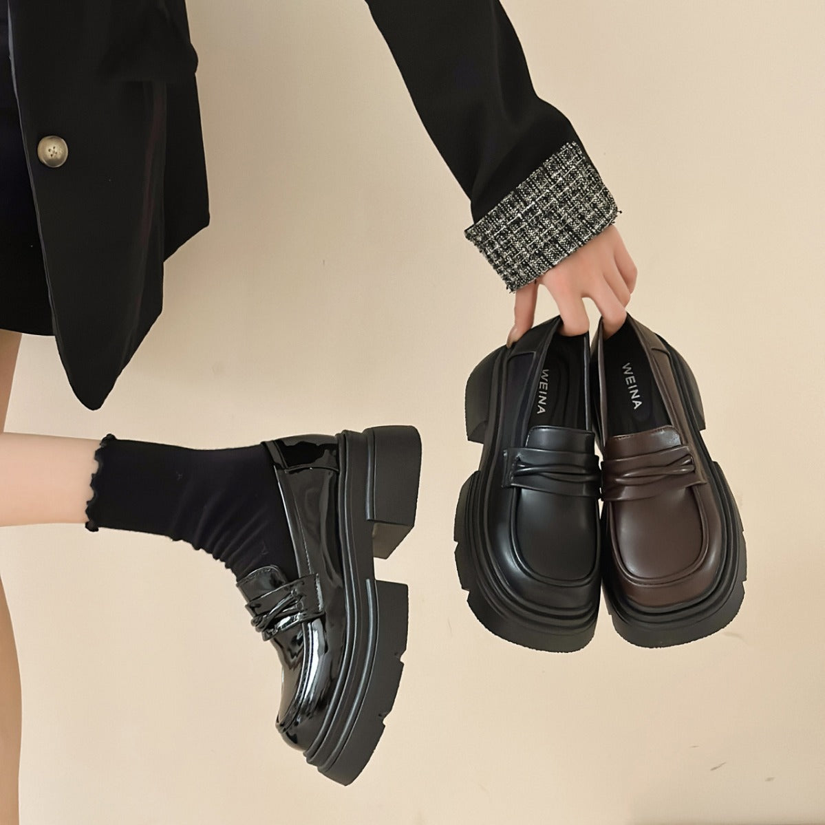 Damen Loafers Schuhe Glänzend Plateau Modisch