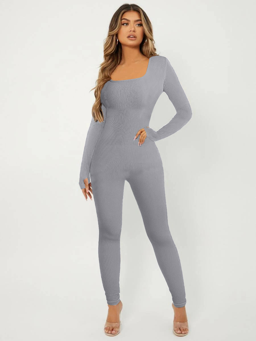 Elegante Damen Jumpsuit Langarm Rippenmuster Chic
