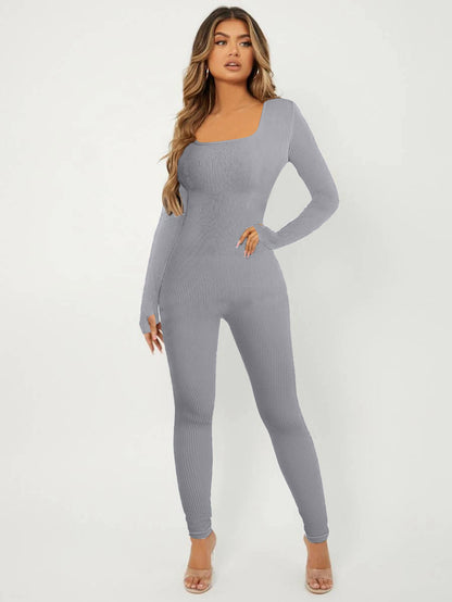 Elegante Damen Jumpsuit Langarm Rippenmuster Chic