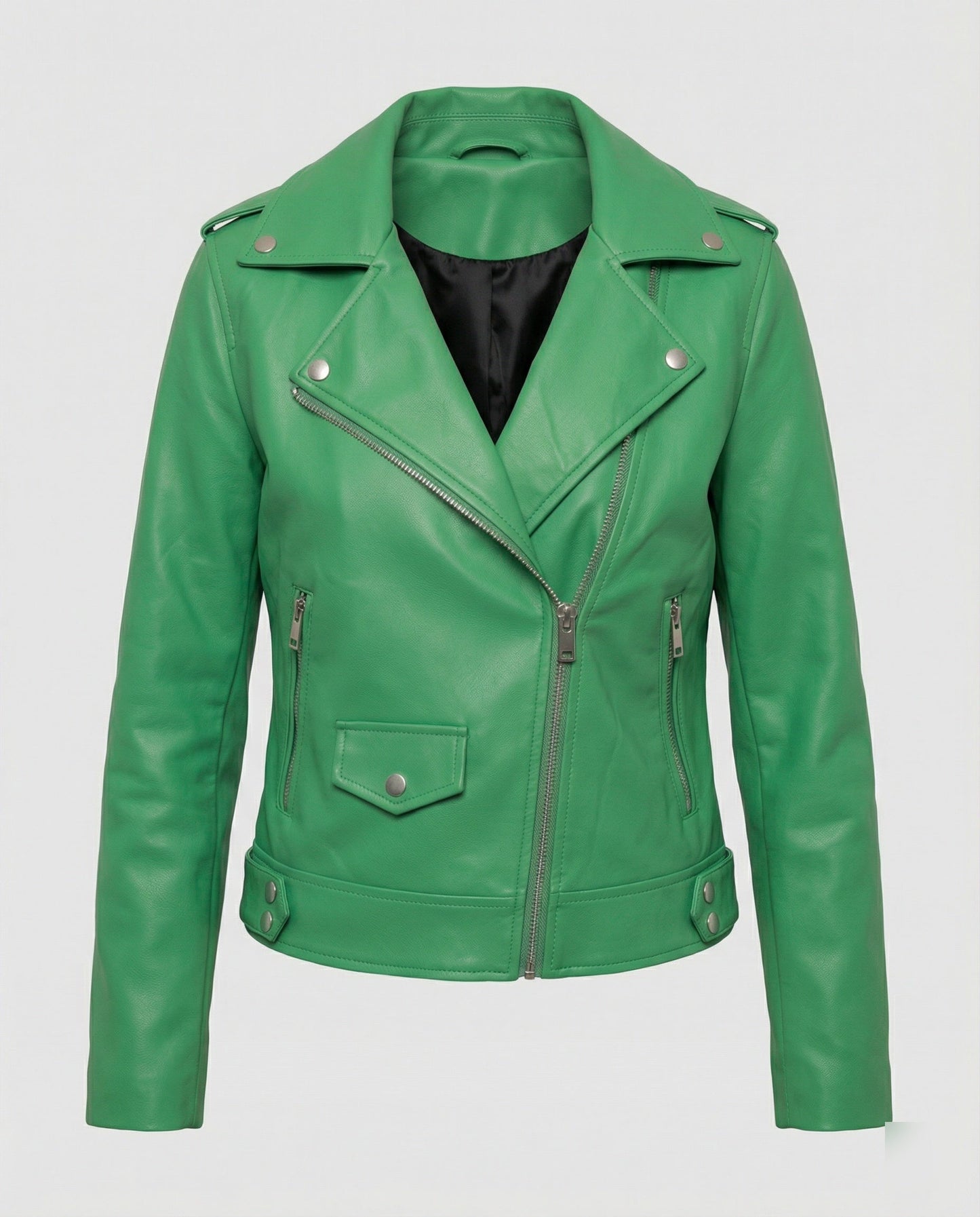 Lederjacke Damen Kurz Bikerjacke Asymmetrisch Schwarz