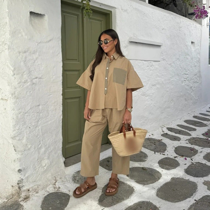 Damen Zweiteiler Lässig Chic mit Hemd und Weiten Hosen